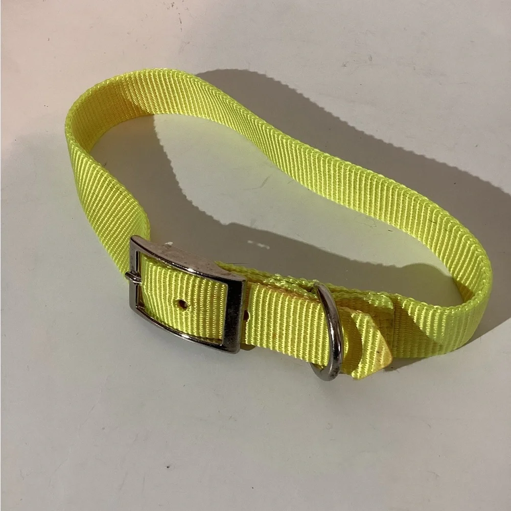 Dog collar, bright yellow, 24” x 1”, heavy nylon, metal hardware. Adjustable